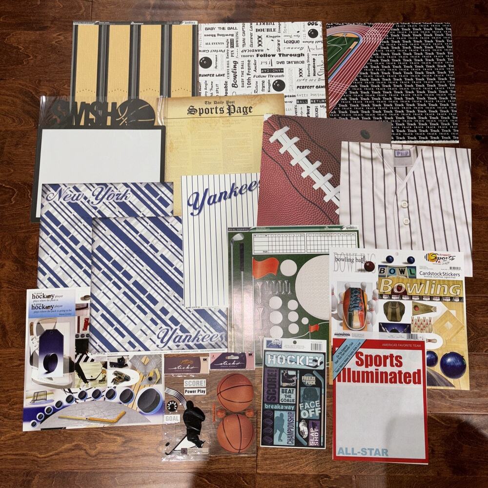 12X12 SPORTS THEMED Scrapbook Paper Sheets + Stickers Bundle! **READ**
